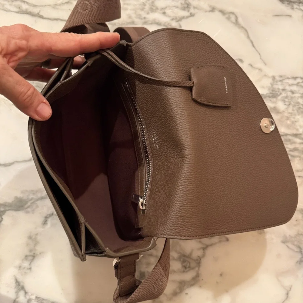 Salvatore Ferragamo Fiamma‎ Crossbody Bag in tan pebbled leather